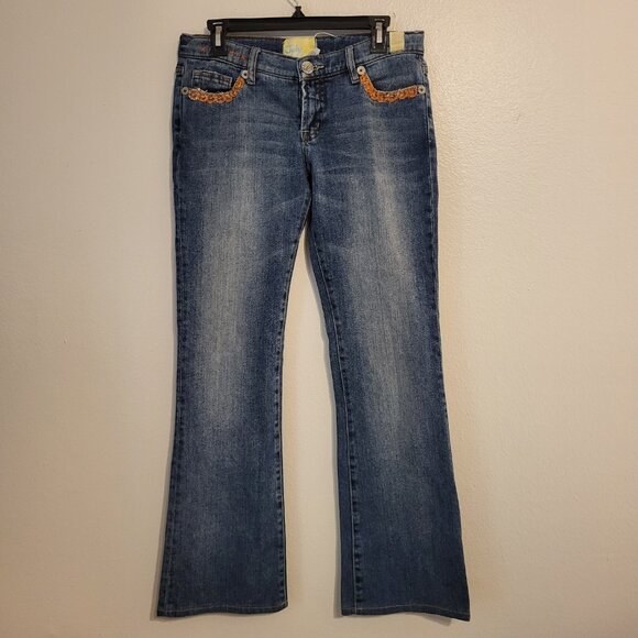 July 25 Womens Distressed Wide-Leg Jeans Size 29 Blue Denim Embellished Pockets - Picture 1 of 10